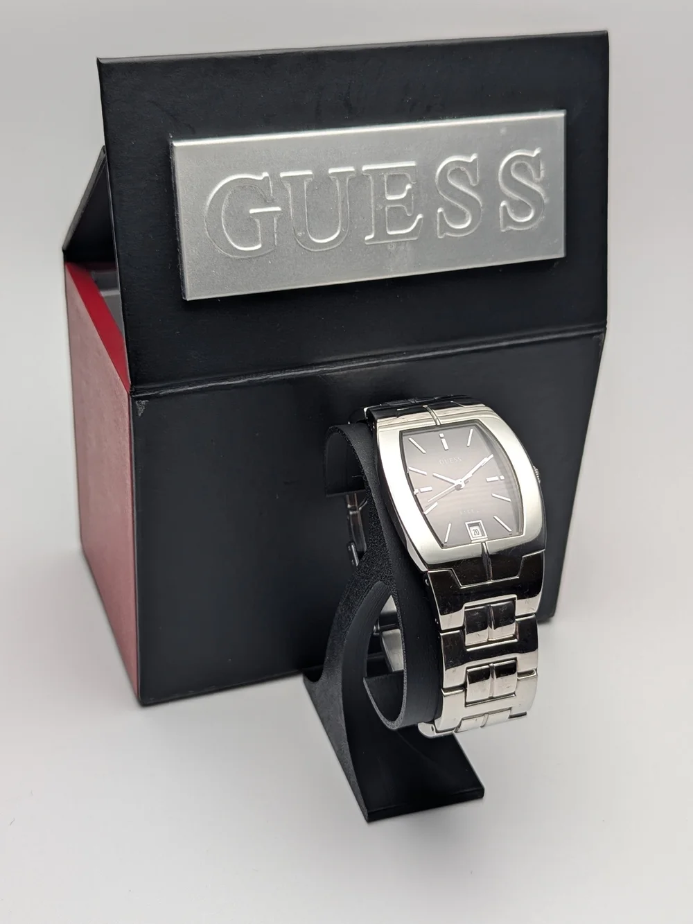 GUESS Men's Silver Steel Bracelet Watch - Black Dial